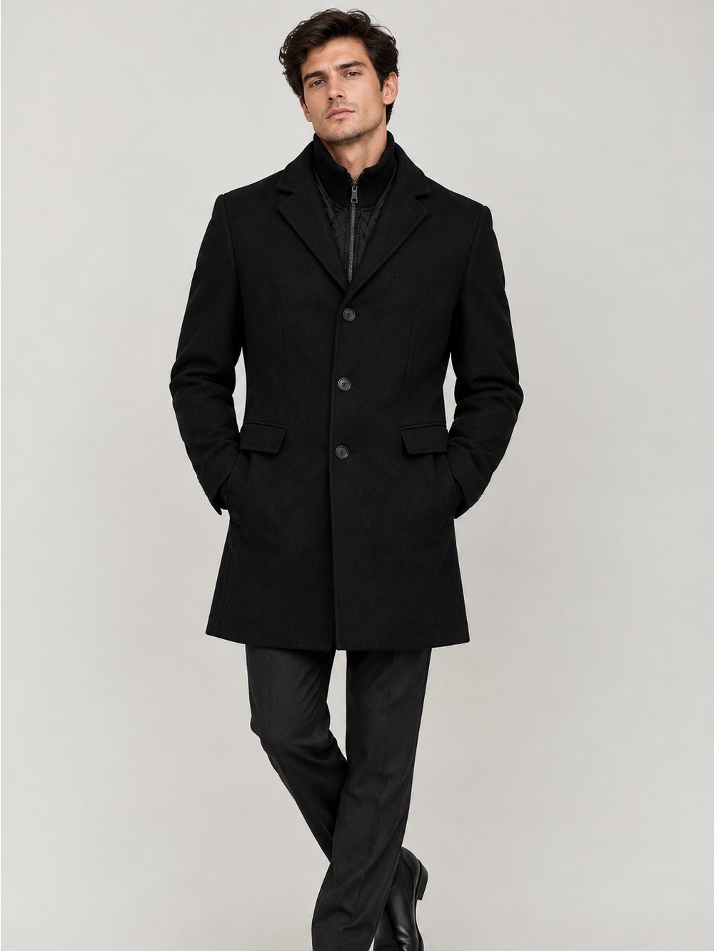 Banana Republic Mens Wool Car Coat Small Black Tailored Zip-In Dickey City Chic